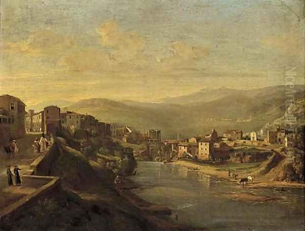 An Italianate riverside town at dusk Oil Painting by Italian School