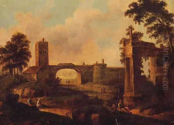 Figures Before Ruins In An Italianate Landscape Oil Painting by Italian School