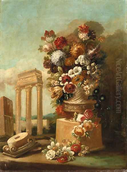 Flowers in ornamental urns on stone plinths amongst classical ruins Oil Painting by Italian School