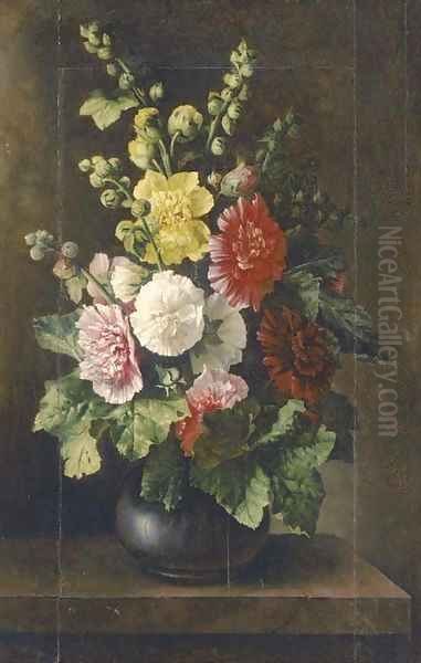 Mixed flowers in a vase on a plinth Oil Painting by Italian School