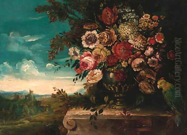 Peonies, roses, tulips and other flowers in an urn Oil Painting by Italian School