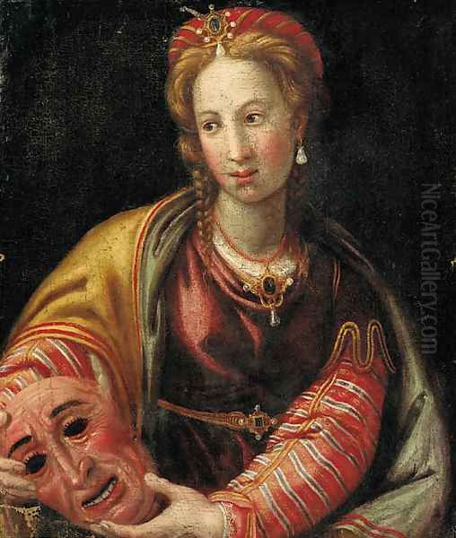 Portrait of a lady, half-length, holding a mask Oil Painting by Italian School