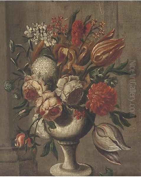 Roses, parrot tulips, chrysanthemums and other flowers in a vase on a ledge Oil Painting by Italian School