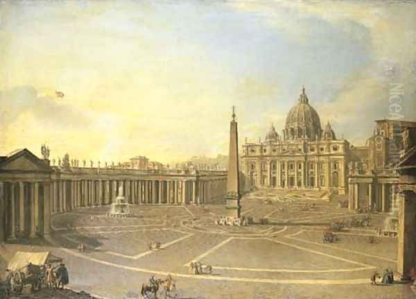 Saint Peter's, Rome, with Bernini's Colonnade and a procession in carriages Oil Painting by Italian School