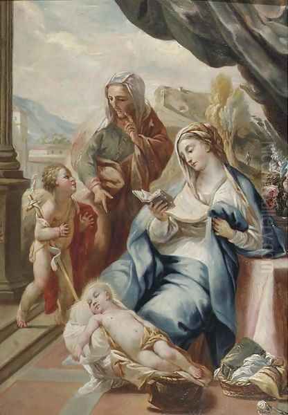 The Madonna and Child with the Infant Saint John the Baptist and Saint Anne on a terrace, a landscape beyond Oil Painting by Italian School