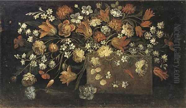 Tulips, roses and other flowers on a plinth Oil Painting by Italian School