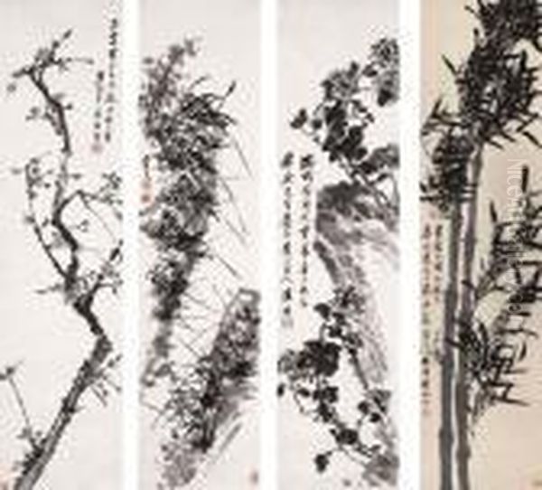 Prunus, Orchid, Chrysanthemum And Bamboo Oil Painting by Xiao Sun