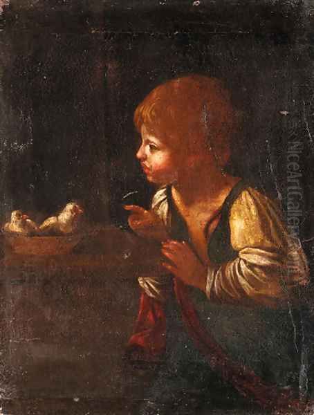 A boy with chicks Oil Painting by Italian School