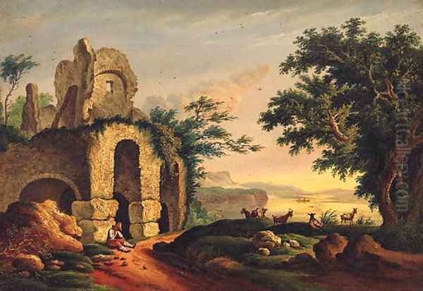 A Goatherder Resting With His Herd Before Ruins Oil Painting by Italian School