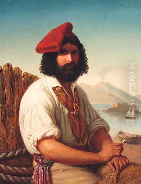 A Neapolitan Fisherman with Vesuvius beyond Oil Painting by Italian School