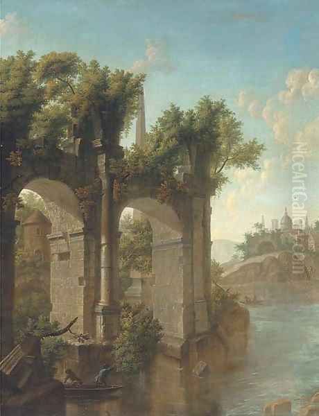 Fishing by the ruins Oil Painting by Italian School