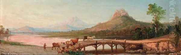 Italian countryfolk resting on a terrace above a vineyard with Lake Garda beyond Oil Painting by Italian School