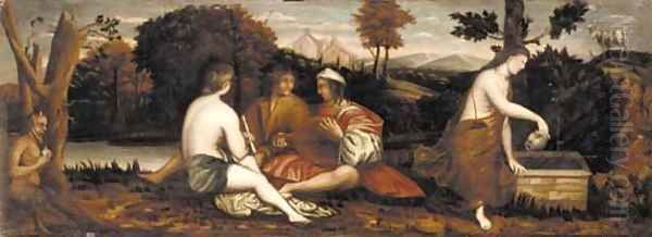 Musicians relaxing by a maiden fetching water with Pan looking on Oil Painting by Italian School