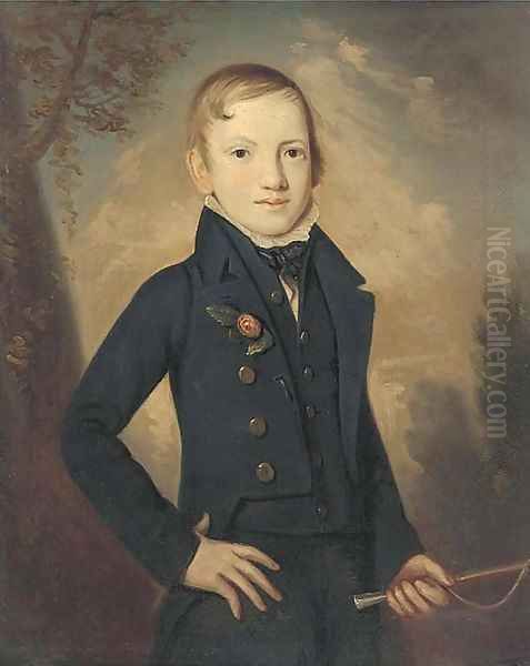 Portrait of a boy, small three-quarter-length, in a dark blue coat and waistcoat Oil Painting by Italian School