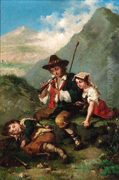 Rousing the sleeping shepherd boy by Italian School