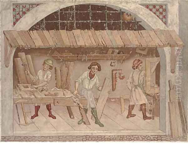 A carpenter's shop with three carpenters Oil Painting by Italian School