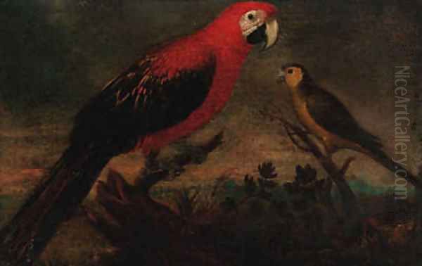 A scarlet macaw and a parrot in a landscape Oil Painting by Italian School