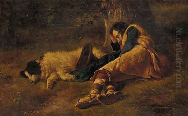 A shepherd and his dog taking a nap under a tree Oil Painting by Italian School