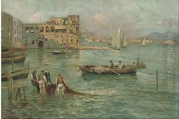 Figures in a sunlit harbour Oil Painting by Italian School