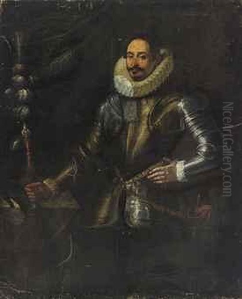 Portrait Of A Gentleman, 
Three-quarter-length, In Armour, A Batonin His Right Hand, Beside A 
Table With A Plumed Helmet Oil Painting by Justus Sustermans