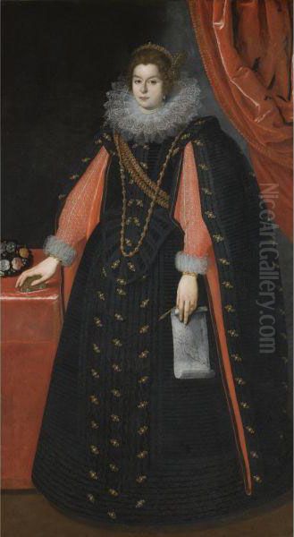 Portrait Of A Lady, Probably 
Maria Maddalena Of Austria, Standingfull Length, Wearing A Black Dress 
With An Ornate Lace Collar Andholding A Drawing Of Mary Magdalene by Justus Sustermans