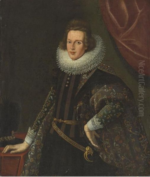 Portrait Of A Gentleman, Standing Three-quarter-length, In Anembroidered Coat Oil Painting by Justus Sustermans