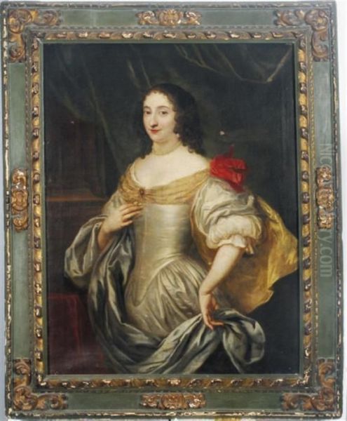 Portrait Of A Lady, Standing Three Quarter-length In A Silver Silkdress And Blue Shawl Oil Painting by Justus Sustermans