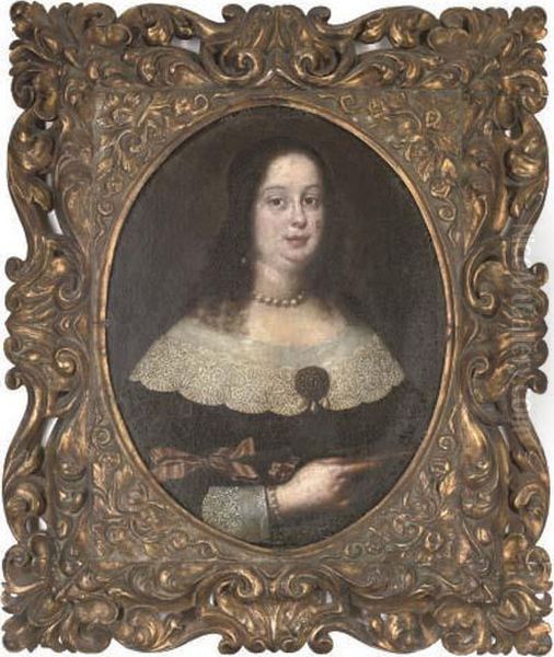 Portrait Of A Lady, 
Quarter-length, In A Black Dress With White Lace Trim, Holding A Book In
 Her Right Hand Oil Painting by Justus Sustermans