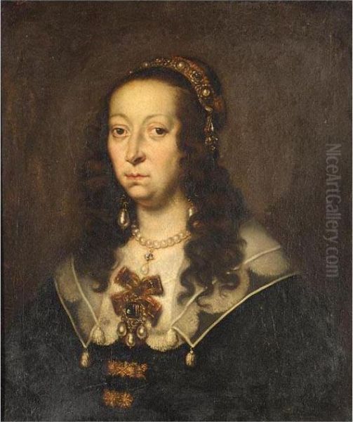 Portrait Of A Lady, Half Length,
 Wearing Black With A White Ruff, With An Elaborate Headress And Pearl 
Earings Oil Painting by Justus Sustermans