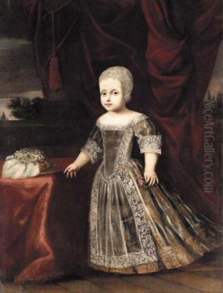 A Portrait Of Young Girl, Full 
Length Standing, Wearing A Grey Embroidered Dress And A White Cap And 
Holding A Flower In Her Left Hand Oil Painting by Justus Sustermans