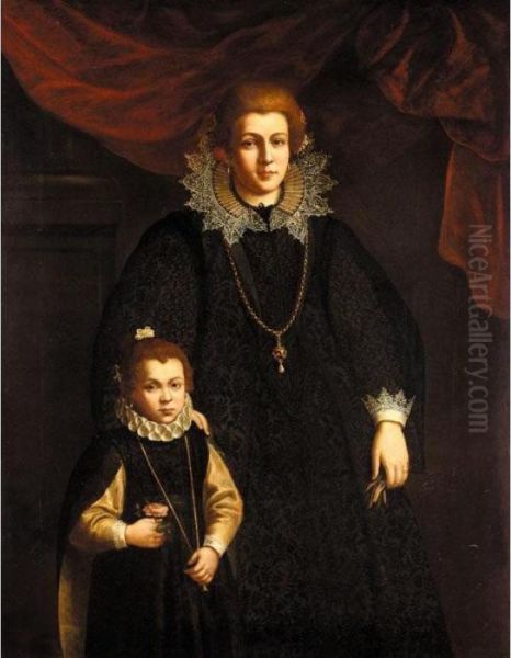 Portrait Of A Lady And Her 
Daughter, Three-quarter Length, Both Wearing Embroidered Black Dresses, 
With Elaborate Ruffs Oil Painting by Justus Sustermans