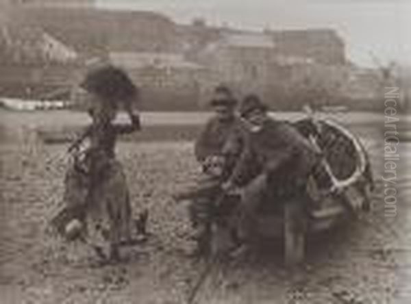 'fishertalk' Woman With Two Fishermen, 1890s Oil Painting by Frank Meadow Sutcliffe