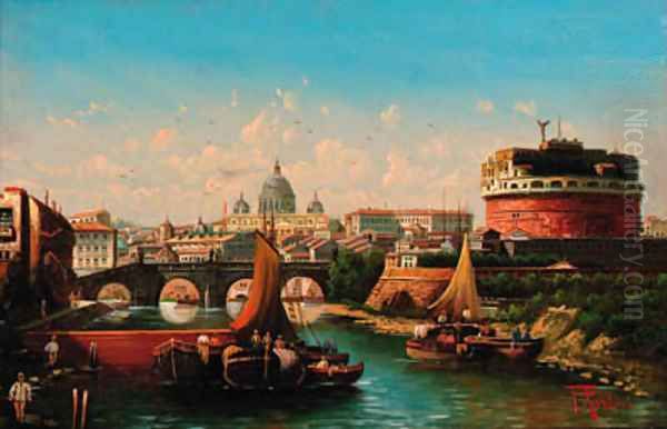 The Tiber with St. Peter's and the Castello San Angelo beyond Oil Painting by Italian School