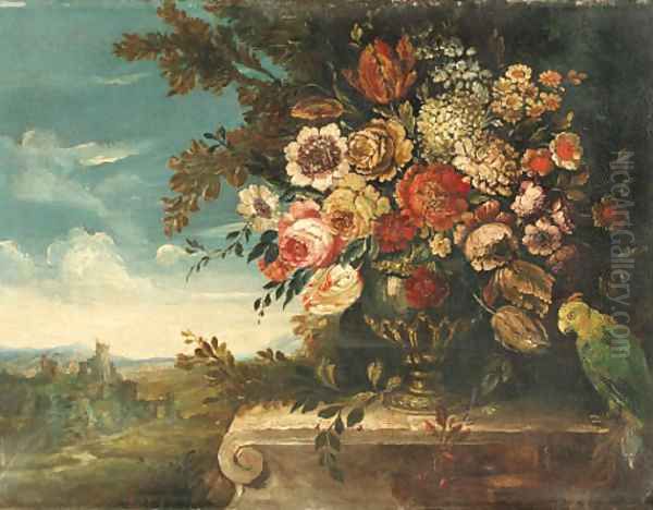 An Urn of Flowers and a Parrot on a Ledge before a Landscape Oil Painting by Italian School