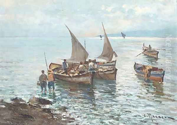 Unloading the day's catch in the Mediterranean Oil Painting by Italian School