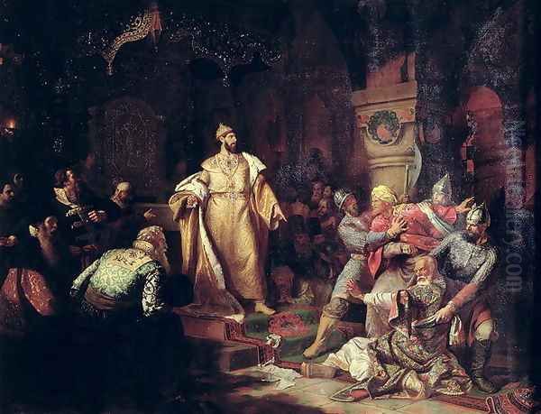 Tsar Ivan III 1440-1505 Tearing the Deed of Tatar Khan, 1862 Oil Painting by Nikolai Semenovich Shustov