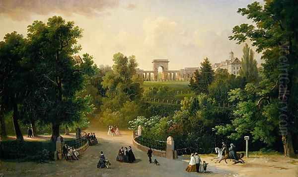 View from the Karlsaue Gardens to the Friedrichsplatz, 1865 Oil Painting by Eduard Stiegel