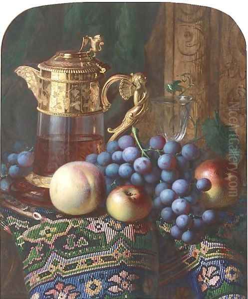 Still life of apples, a peach, grapes, a ewer and a glass, on a draped table Oil Painting by Charles H. Slater