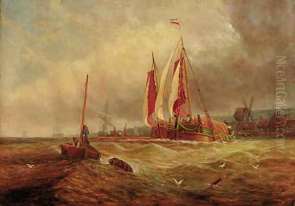 Barges in a swell, a harbour beyond Oil Painting by Dutch School