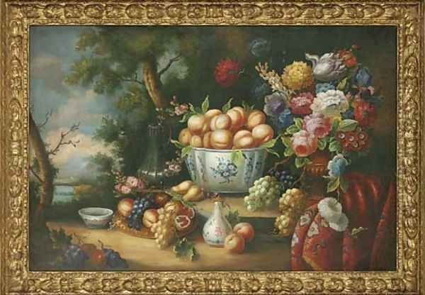 Peaches in a bowl, with tulips, peonies and other flowers in a vase Oil Painting by Dutch School