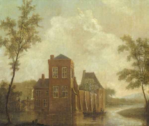 A castle by a river with fishermen in a rowing boat Oil Painting by Dutch School