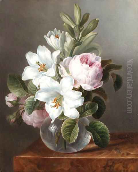 Roses and Lilies in a glass Vase Oil Painting by Dutch School