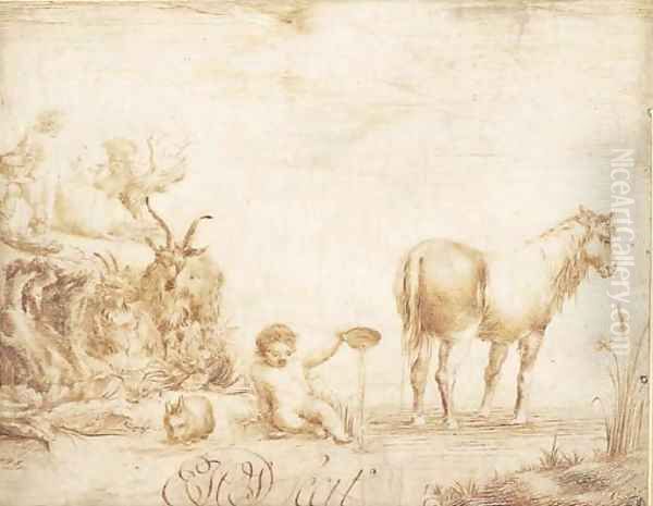 An infant pouring water from a dish, flanked by a horse, a rabbit and two goats, two figures with a cow in the background 2 Oil Painting by Dutch School