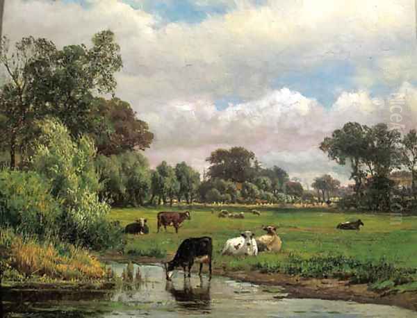 Cows in a meadow, with a village in the distance Oil Painting by Dutch School