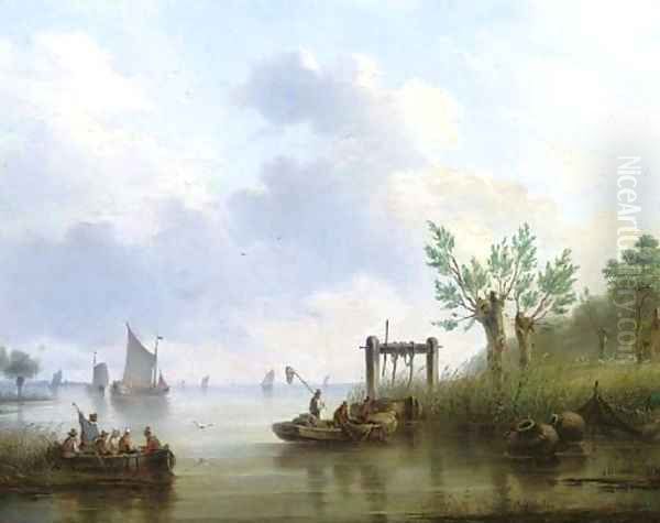 Summer on a river landscape Oil Painting by Dutch School