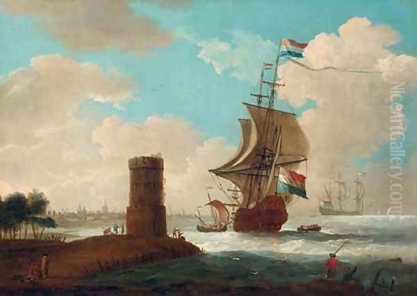 A coastal landscape with a tower and Dutch warships, a town beyond 2 Oil Painting by Dutch School