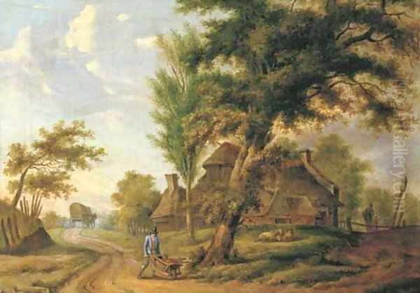 A landscape with a farm and a peasant pushing a wheelbarrow on a country road Oil Painting by Dutch School