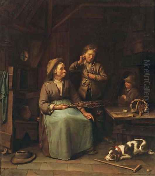 A peasant woman with two boys in an interior Oil Painting by Dutch School