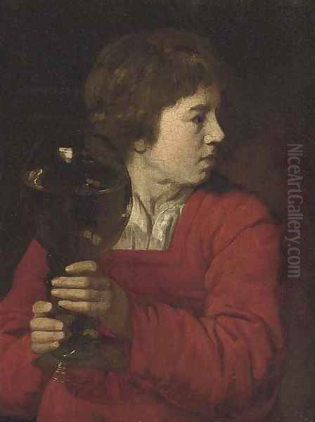 A young boy holding a giant roemer of wine Oil Painting by Dutch School