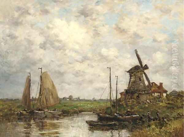 Barges moored before a windmill in a Dutch landscape Oil Painting by Dutch School